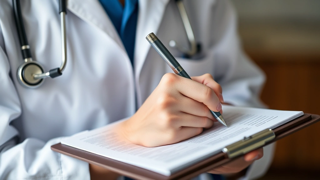 Close-up of healthcare professional writing detailed medical notes with stethoscope and clipboard, focused clinical documenta