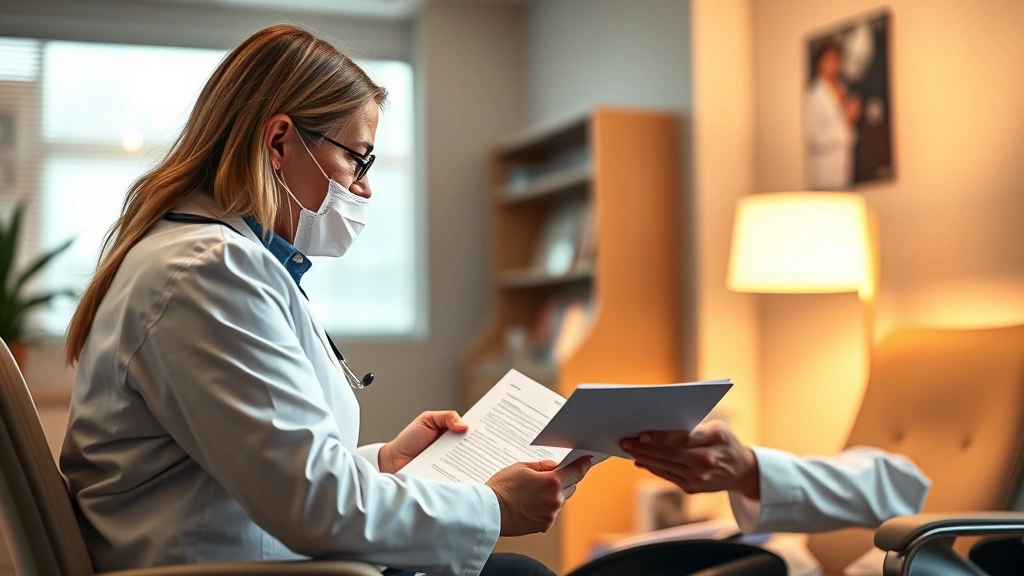 Healthcare provider in white coat reviewing medical documents with patient in clinical office setting, warm professional ligh