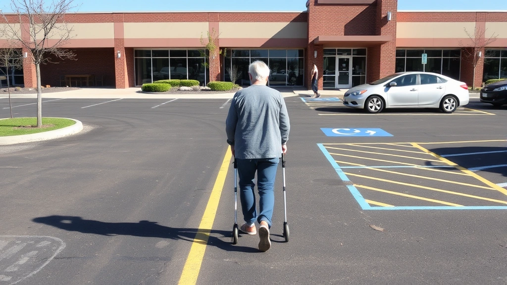 Person using mobility aid walking through accessible parking lot toward building entrance on sunny day