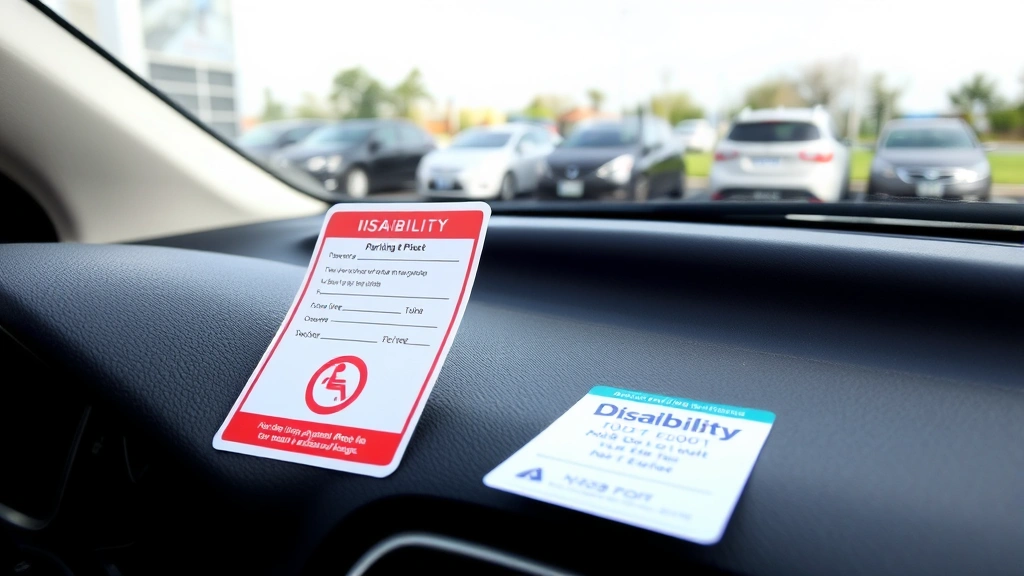 Disability parking permit and identification documents displayed on car dashboard with outdoor parking lot in background
