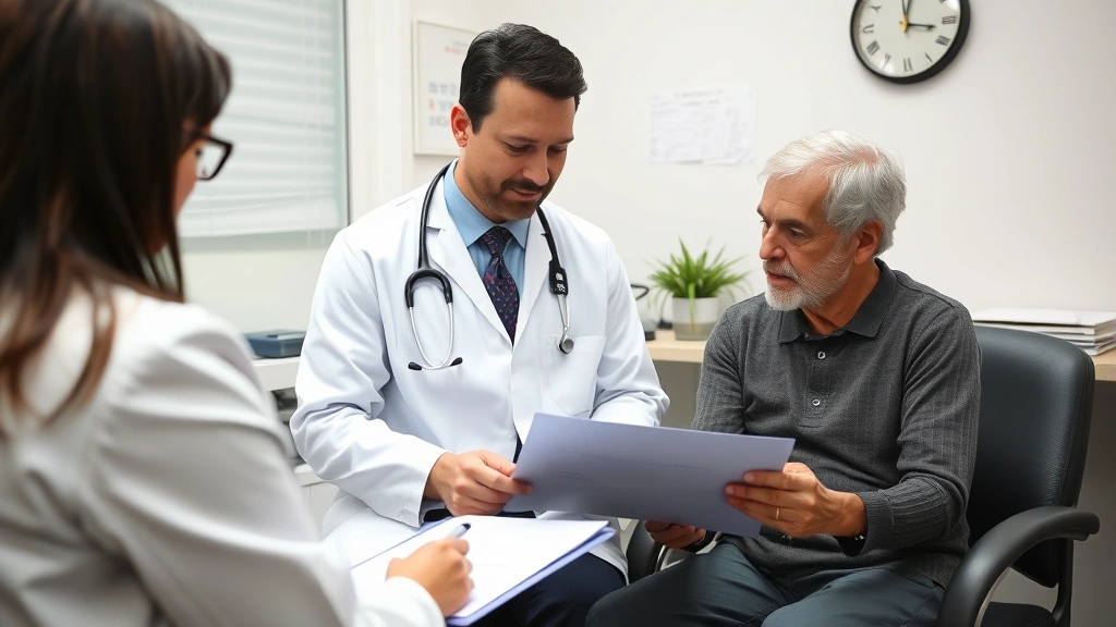 Doctor and patient discussing medical documentation in clinical office setting, reviewing health records together