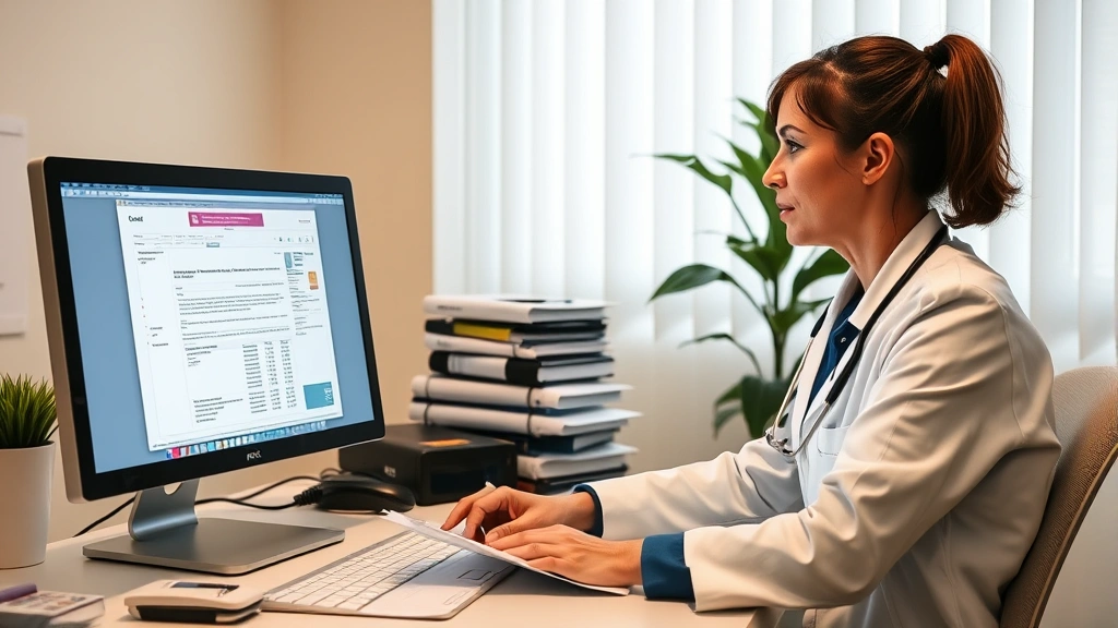 Healthcare professional reviewing medical documentation and disability assessment records at desk with computer