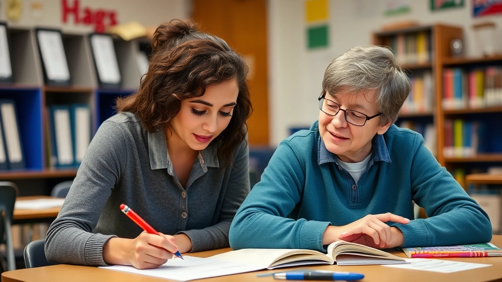 Student with teacher reviewing academic work and accommodation strategies in supportive classroom setting