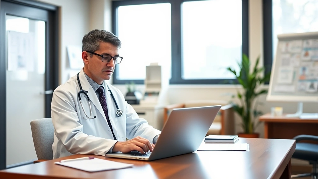 Licensed healthcare provider in white coat reviewing medical documents at desk with laptop, warm clinical office setting, pro