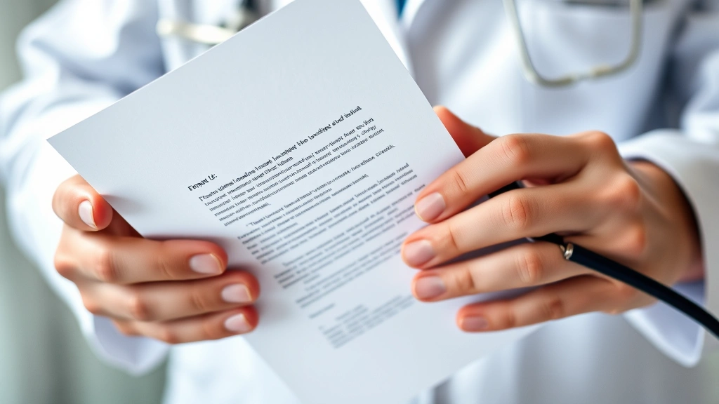 Closeup of hands holding official medical letterhead document with stethoscope nearby, official credentials visible, clinical