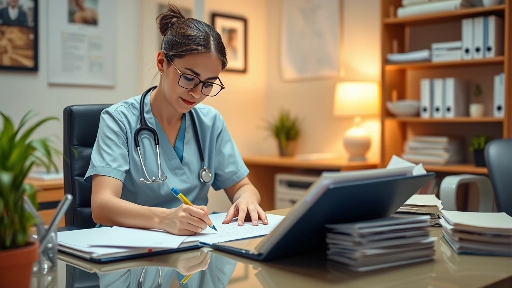 Healthcare provider writing medical documentation at desk with patient file, warm office setting, professional and supportive