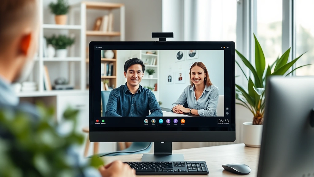 Person in video call consultation with licensed therapist on computer screen, home office background, modern telehealth inter
