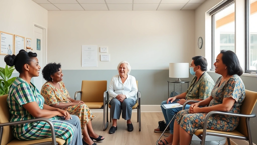 Community health center waiting room with diverse patients, welcoming environment, accessible and inclusive medical facility