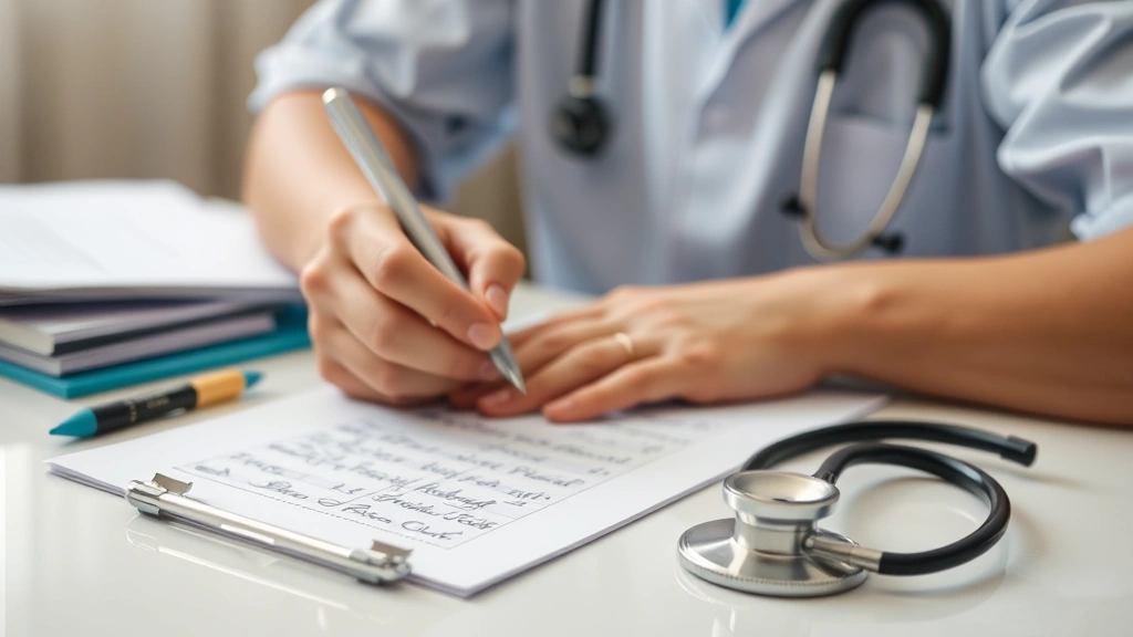 Healthcare provider writing medical notes at desk with patient file and stethoscope visible