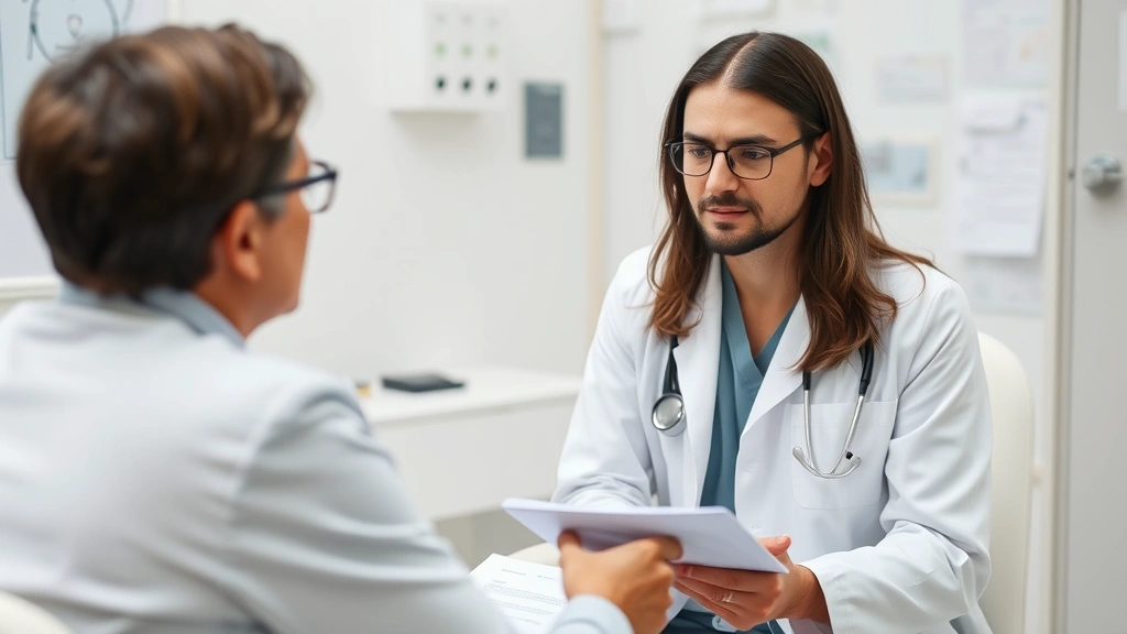 Person meeting with doctor in clinical office setting discussing medical documentation and forms