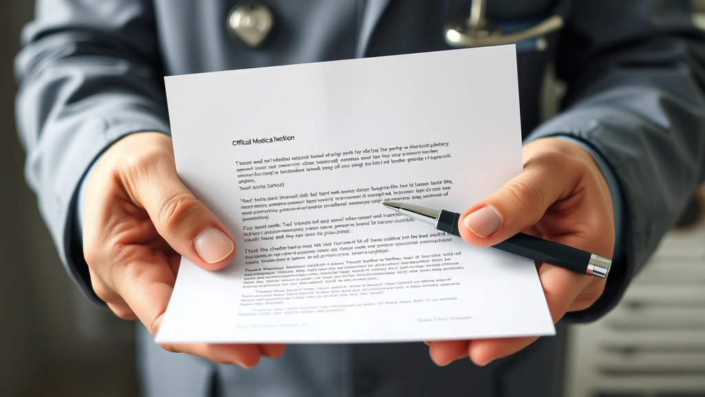 Close-up of hands holding official medical letter on letterhead with pen and healthcare documents