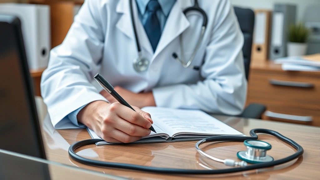 Healthcare provider in professional office writing medical documentation at desk with stethoscope nearby