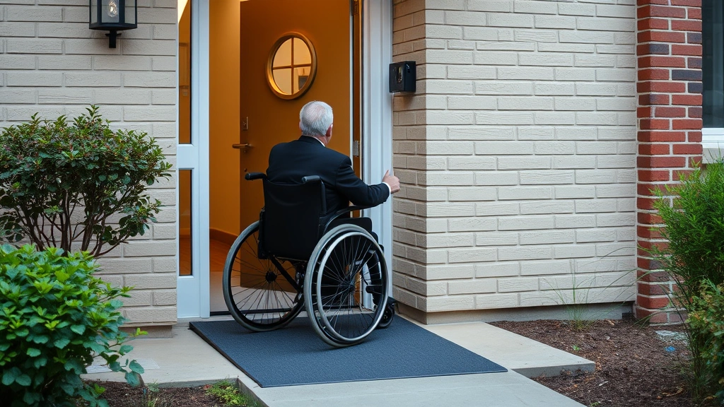 Person in wheelchair accessing ground floor apartment entrance with accessible ramp and automatic door