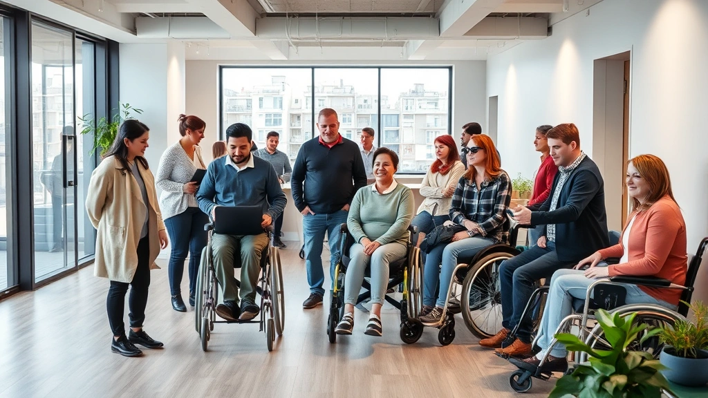 Diverse group of people with various disabilities in modern apartment common area with accessibility features