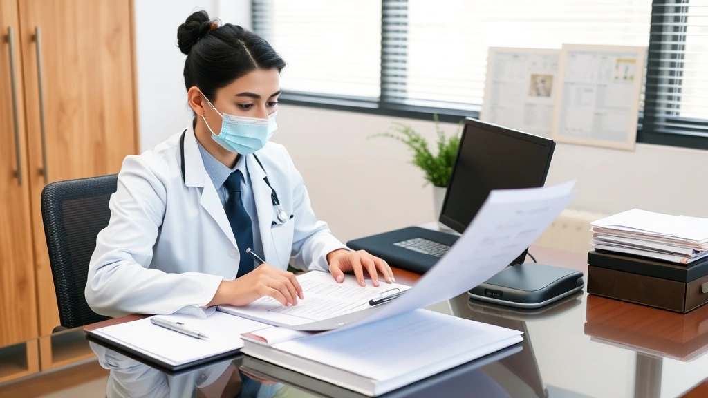 Healthcare provider in white coat reviewing medical documents at desk with patient file