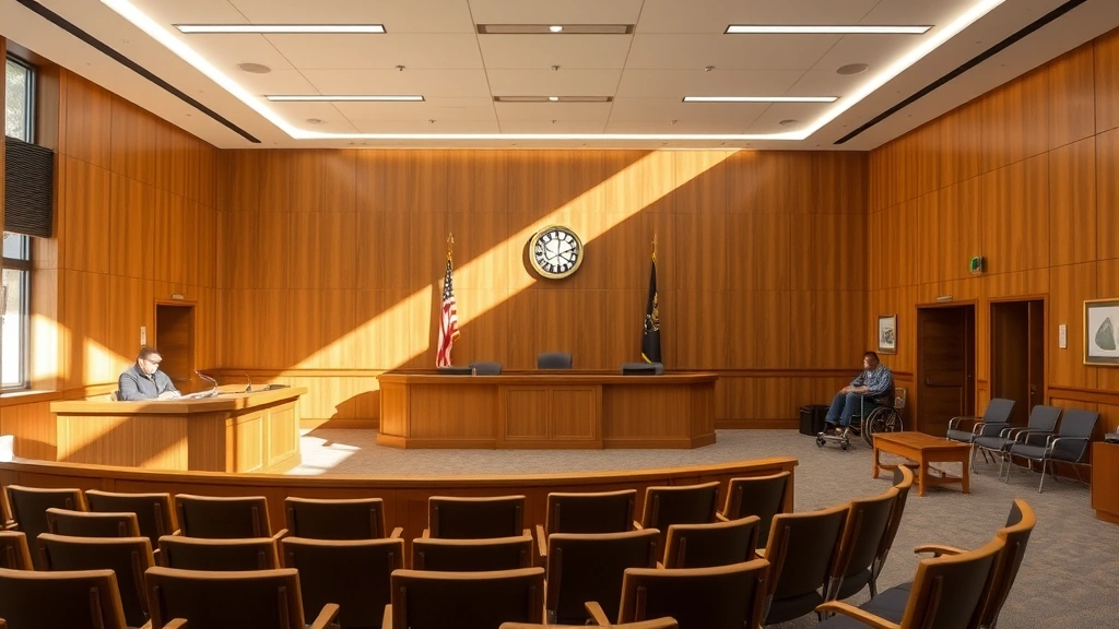 Courtroom interior with judge's bench and accessible seating areas with natural lighting