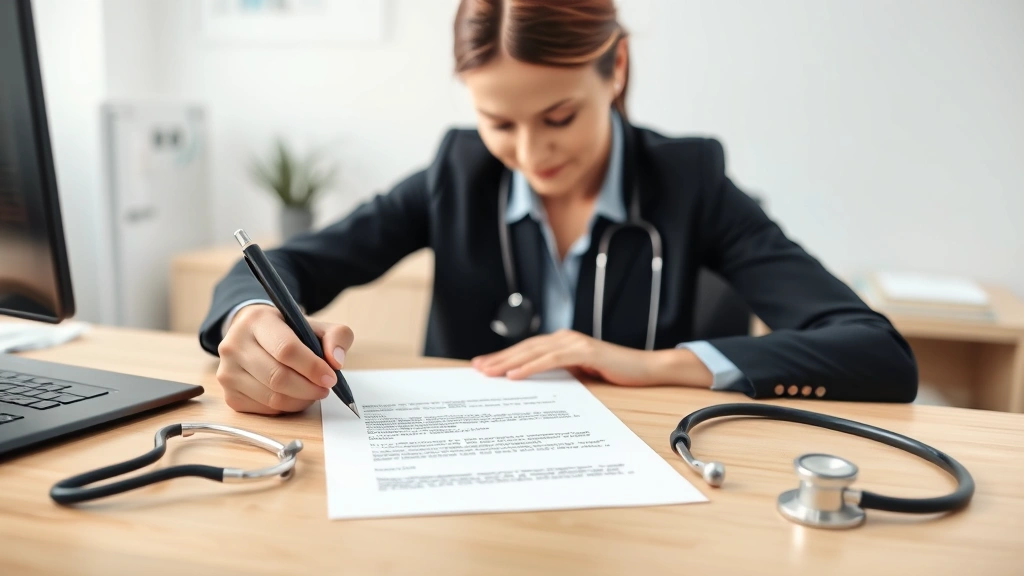 Professional woman at desk signing official medical letter on letterhead with stethoscope nearby