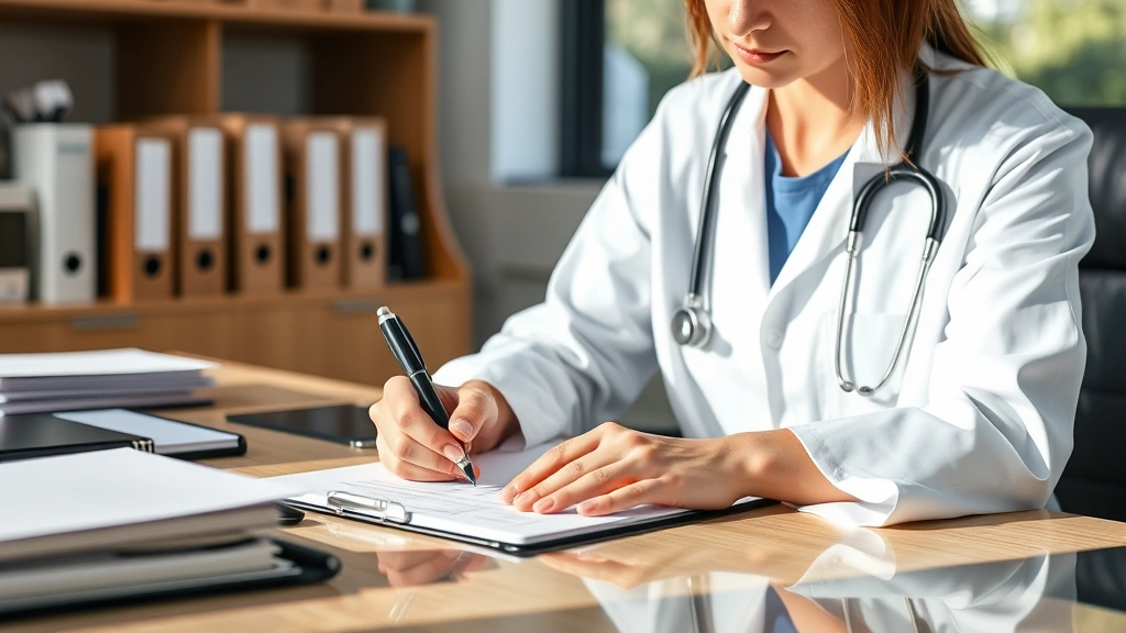 Healthcare provider writing detailed medical documentation at desk with patient file, professional office environment, natura