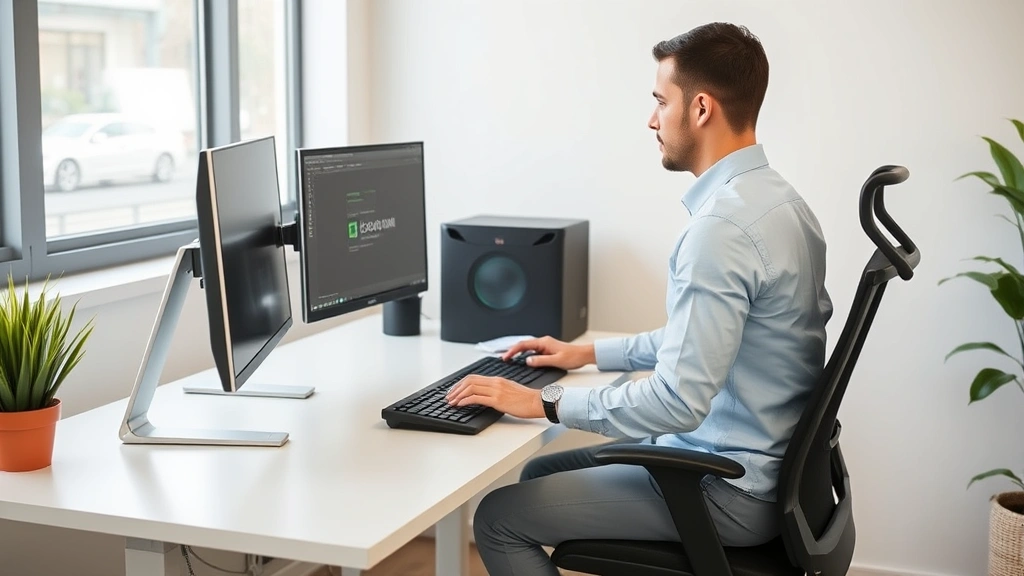 Employee receiving ergonomic workspace setup at office desk with adjustable monitor, keyboard, and chair for accommodation su