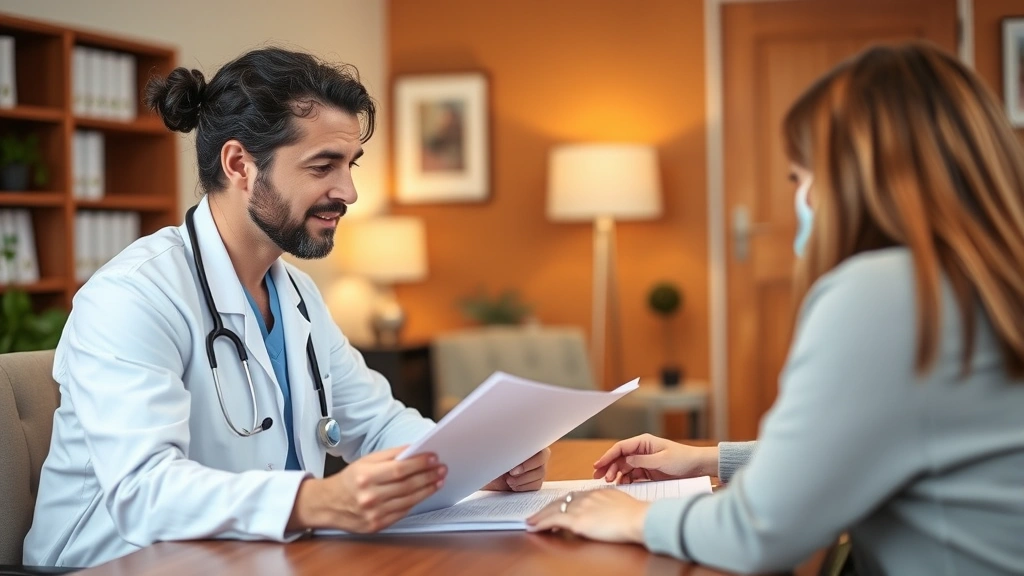 Healthcare provider in white coat reviewing medical documents at desk with patient, warm office setting