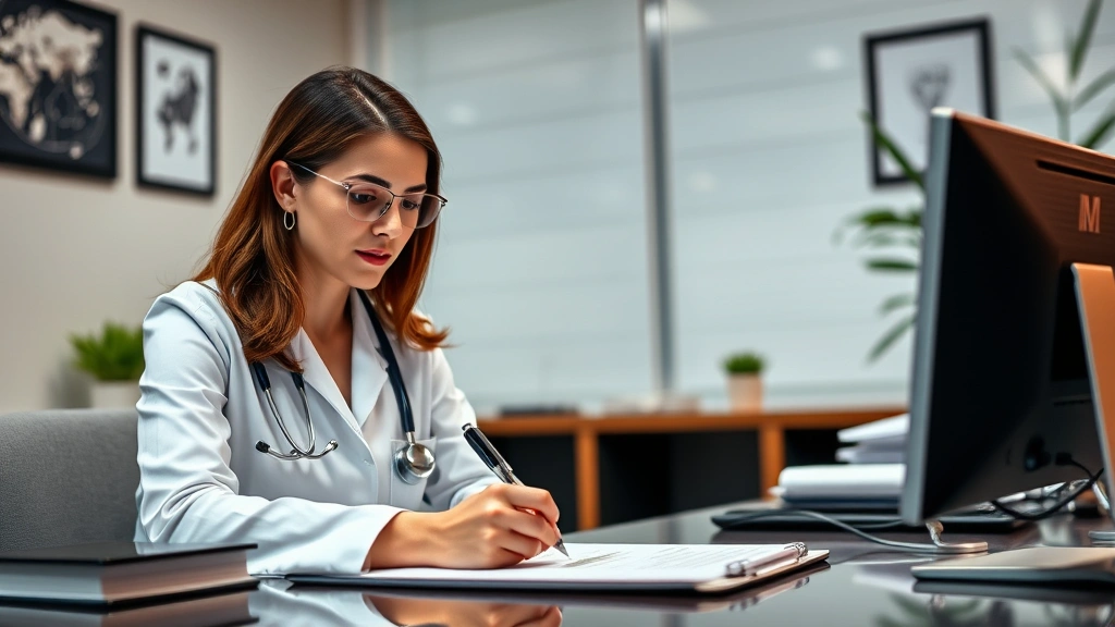 Licensed healthcare provider writing medical documentation at desk with professional office setting, warm lighting
