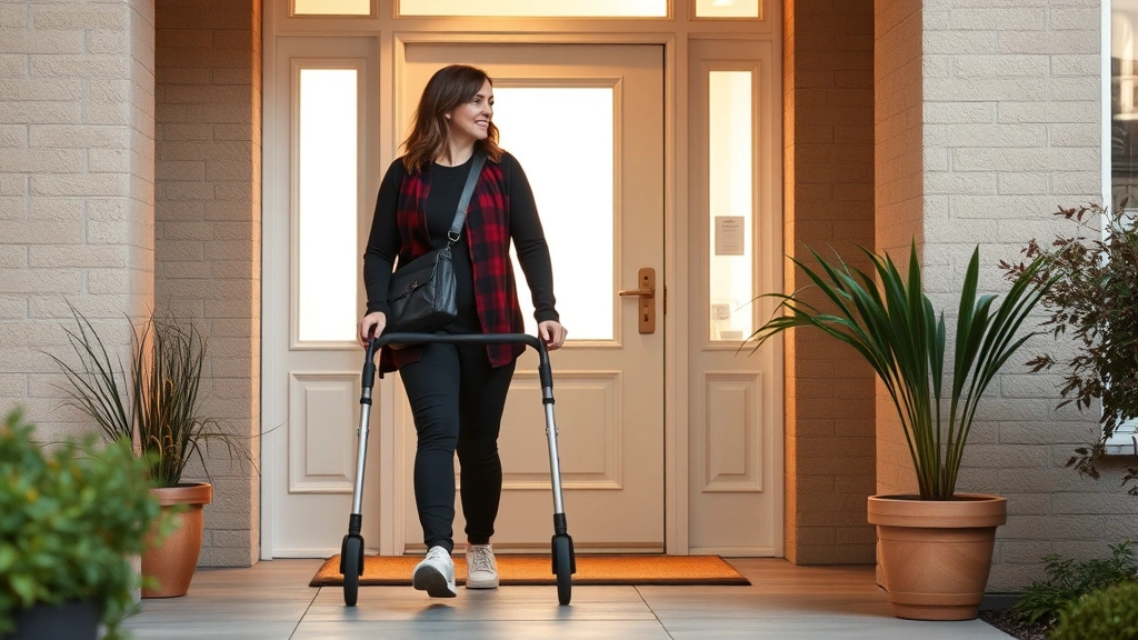 Diverse person using mobility aid walking into accessible ground floor apartment building entrance