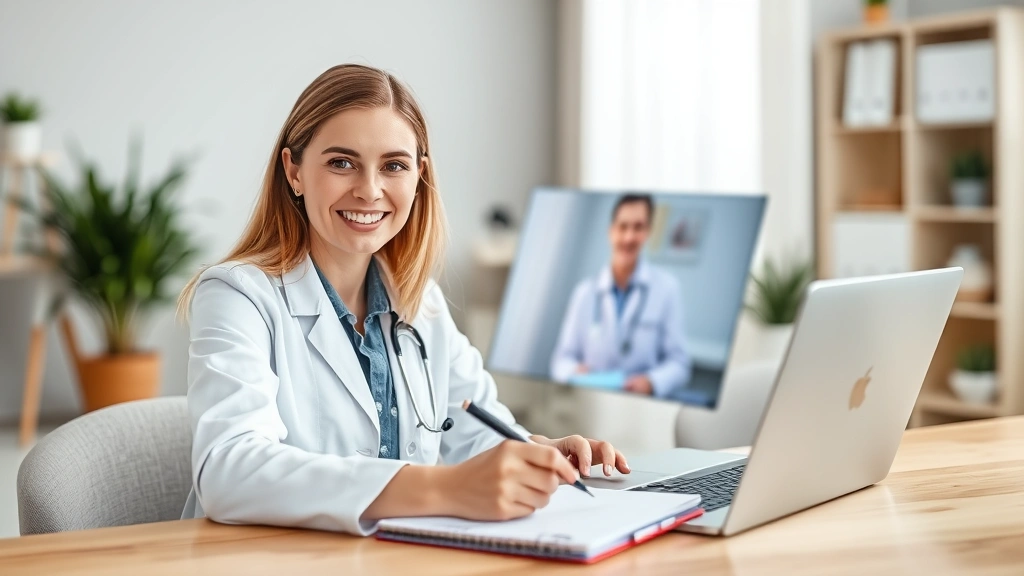 Professional woman on video call with healthcare provider on laptop, home office background, taking notes