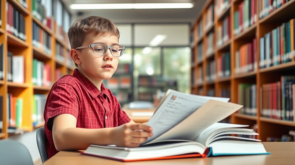 Student in school library studying with textbooks and notes, natural lighting, focused expression, accessible environment