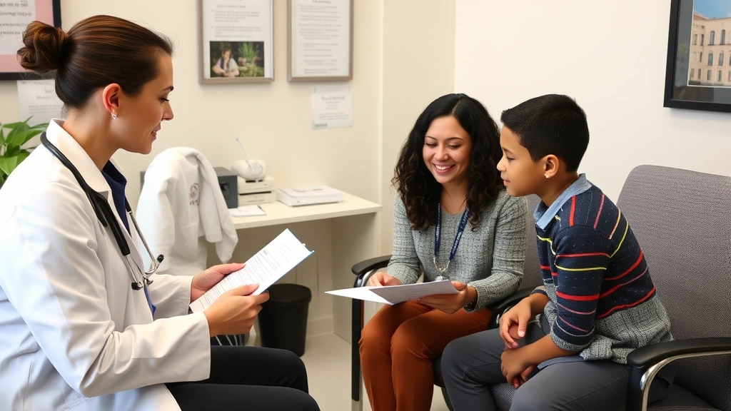 Healthcare provider meeting with student and parent in professional clinic office, reviewing documents, supportive atmosphere