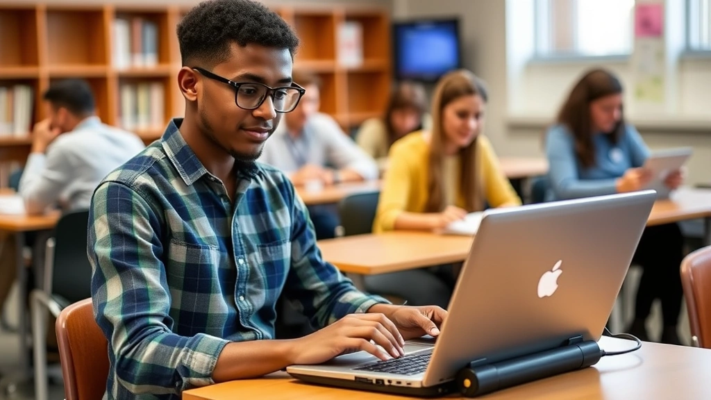 College student using assistive technology laptop in accessible classroom setting, diverse environment, engaged in learning