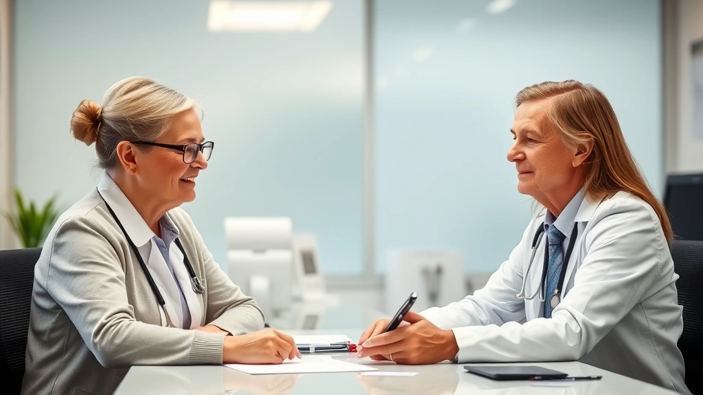 Professional healthcare provider in white coat reviewing medical documents at desk with patient, bright clinical office setti