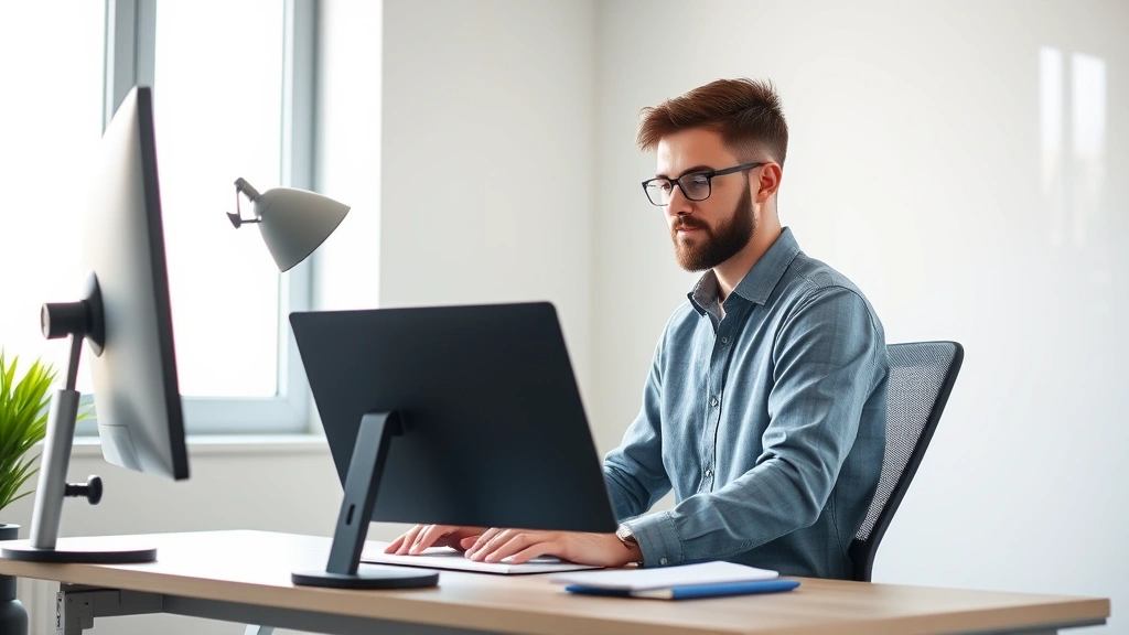 Diverse office worker with laptop at ergonomic desk setup with adjustable monitor stand, natural window light, comfortable po