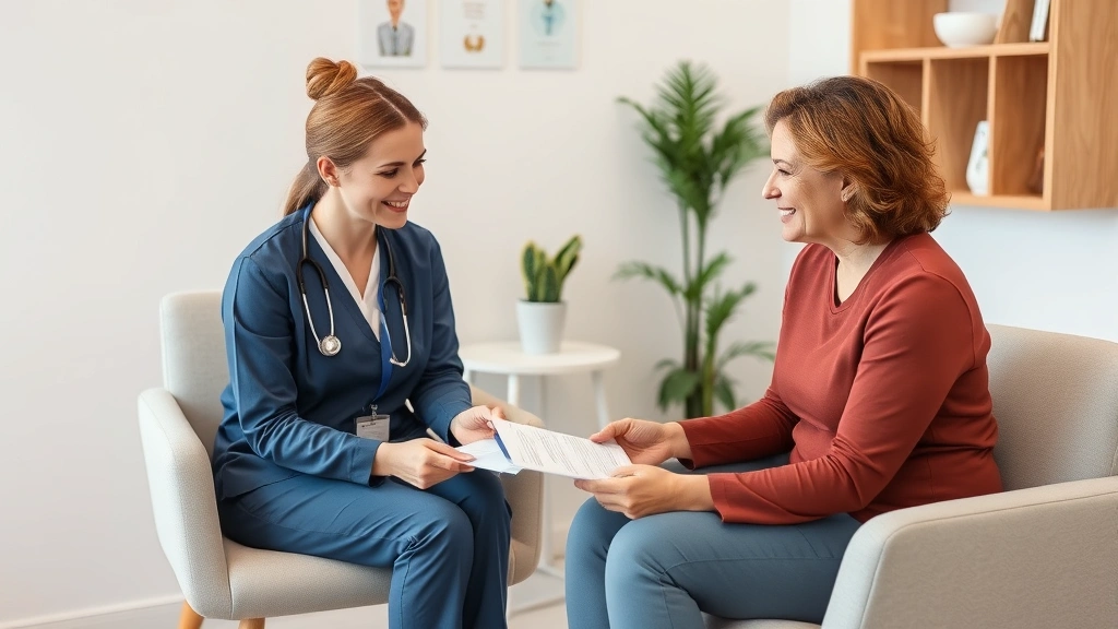Healthcare provider and patient in consultation room discussing paperwork, both seated comfortably, warm tones, collaborative