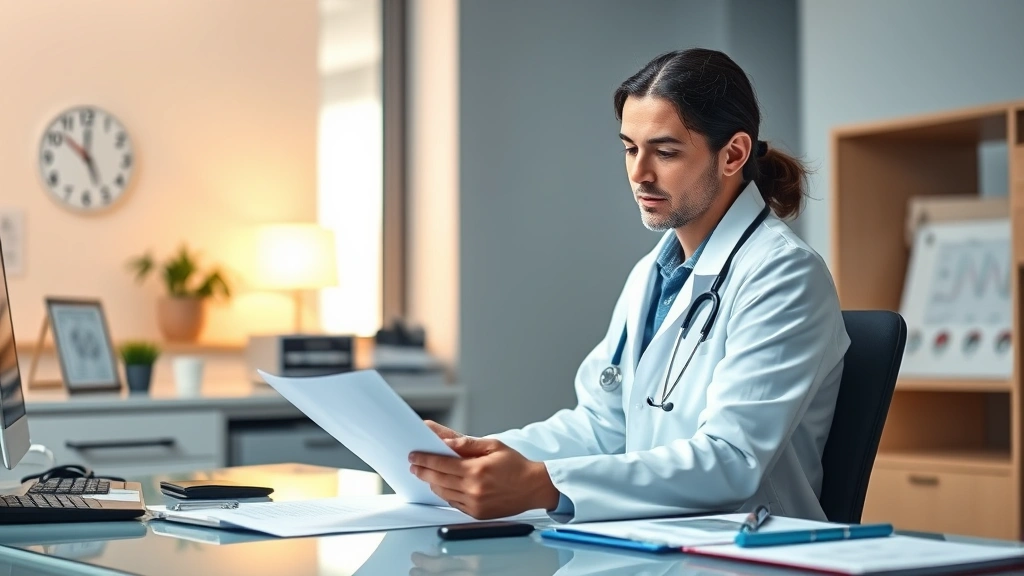 Doctor in white coat reviewing medical documents at desk with stethoscope, warm office lighting, professional healthcare sett