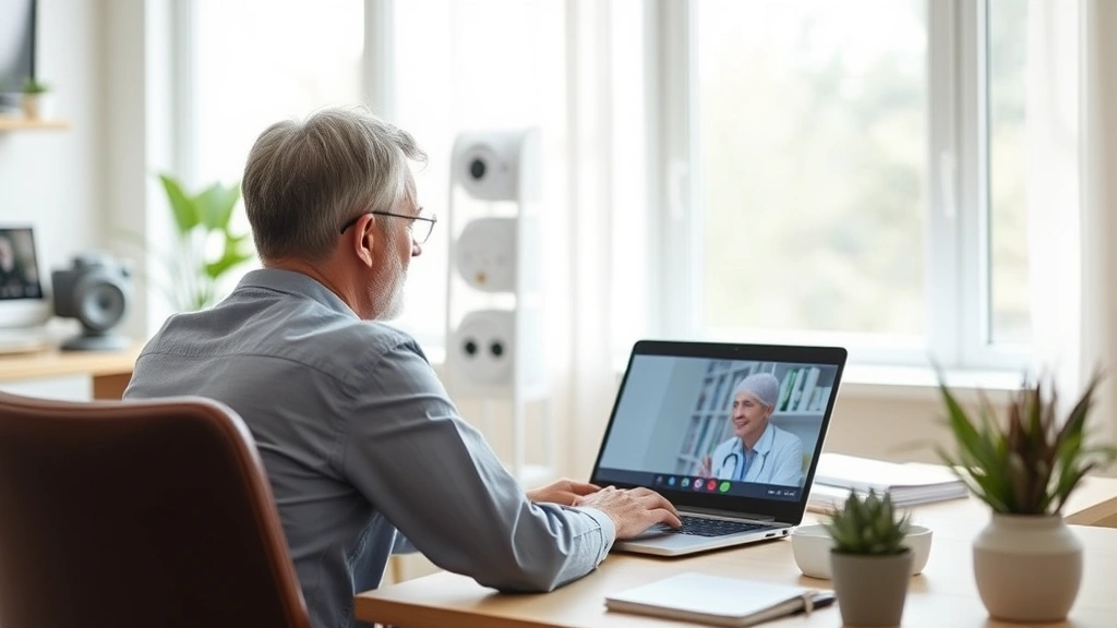 Person at laptop video calling with healthcare provider, modern home office, natural window light, professional telemedicine
