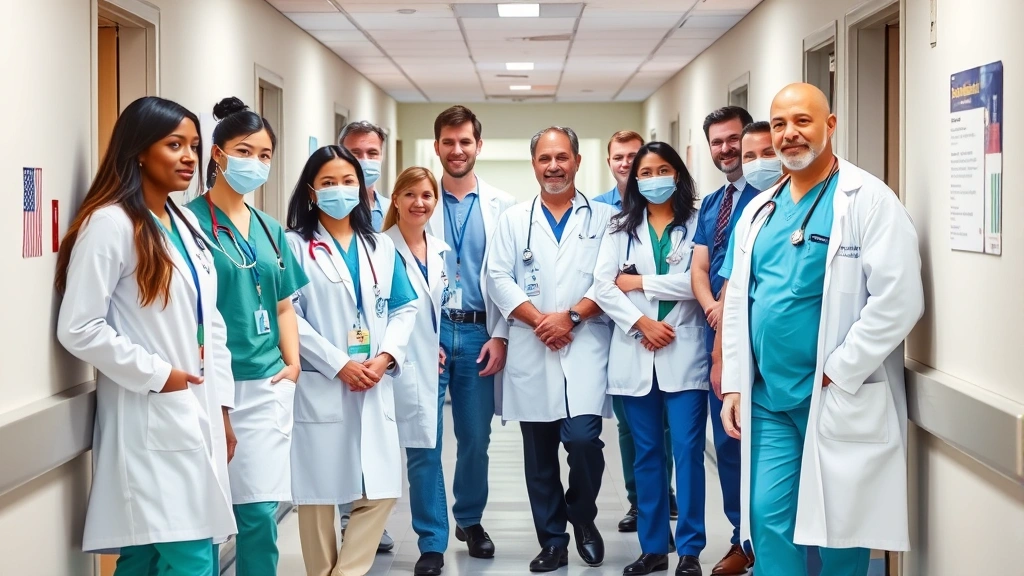 Diverse group of healthcare professionals in hospital hallway, licensed credentials visible, collaborative medical team envir