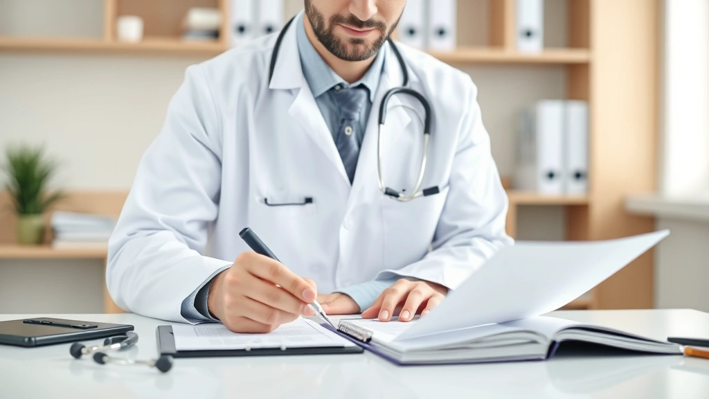 Doctor in white coat reviewing medical documents at desk with stethoscope and clipboard, professional healthcare office setti