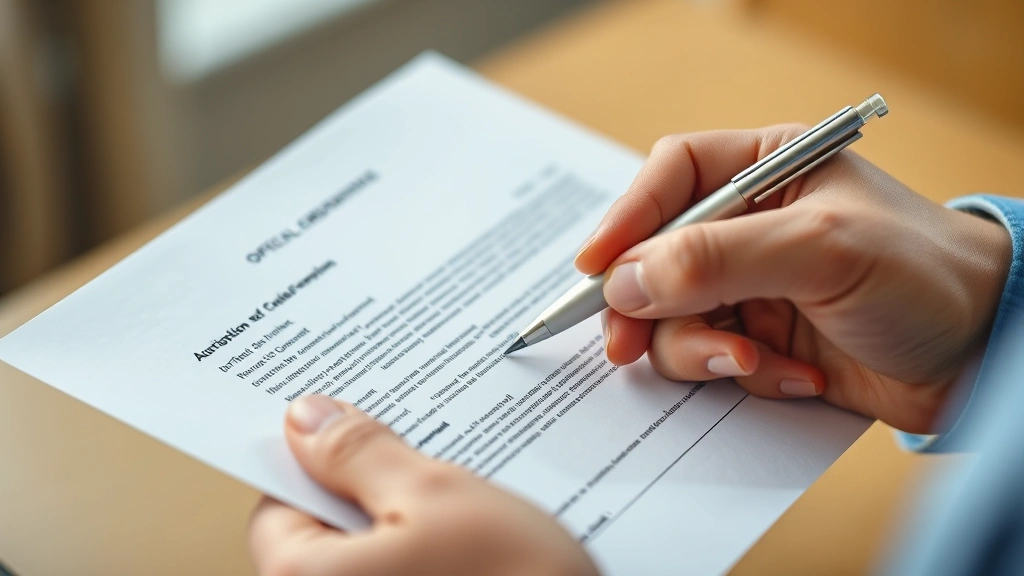 Close up of hands holding official letterhead paper with medical credentials, formal documentation with pen ready to sign