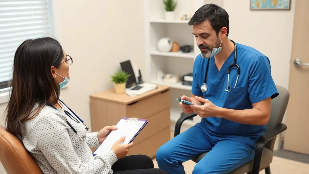 Patient and healthcare provider having consultative discussion in office, taking notes on patient condition and functional li