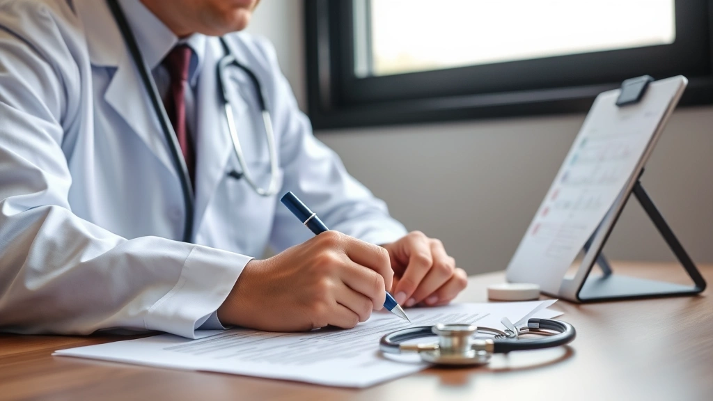 Doctor in white coat writing medical documentation at desk with stethoscope and patient chart visible