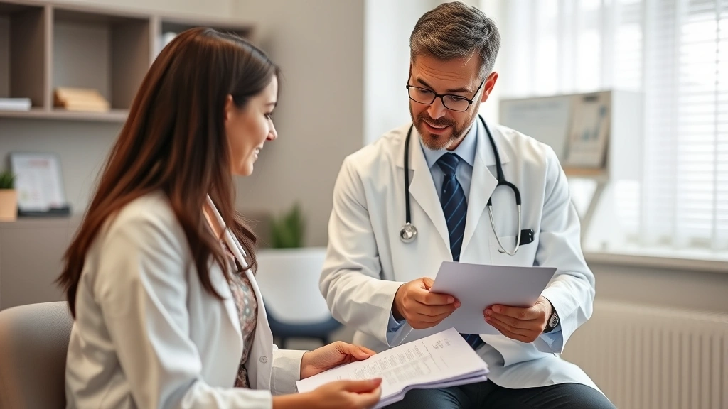 Healthcare provider in white coat reviewing medical documents with patient in clinical office setting