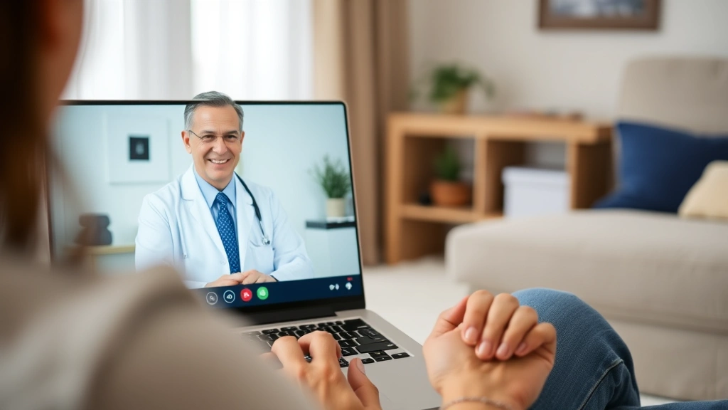 Person at home video conference with doctor on laptop screen for telehealth disability evaluation