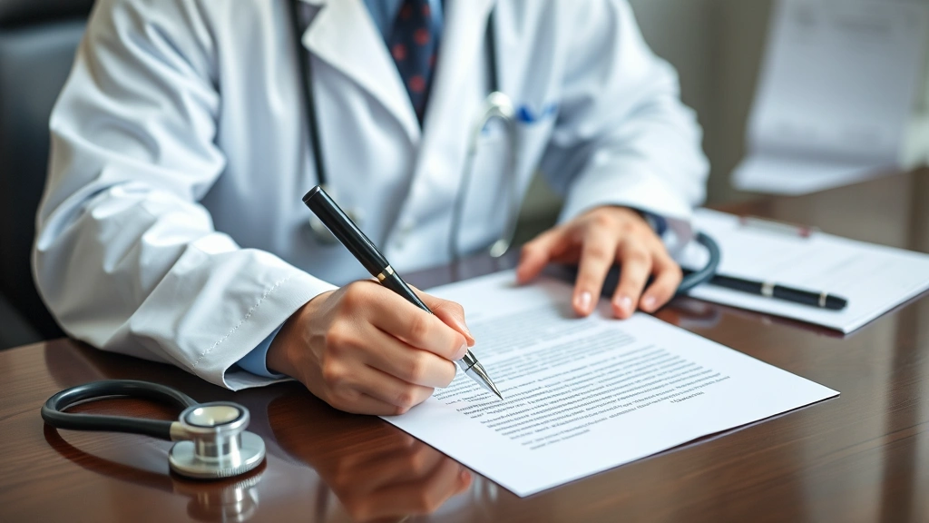 Licensed medical professional writing formal letter at desk with stethoscope and medical credentials visible