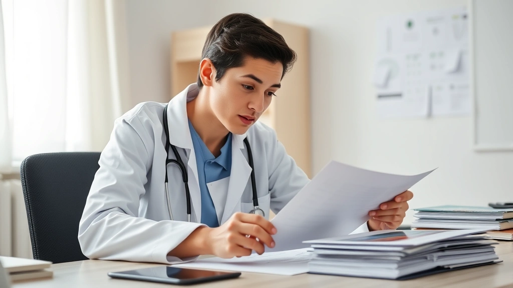 Healthcare provider in white coat reviewing medical documents at desk with patient file