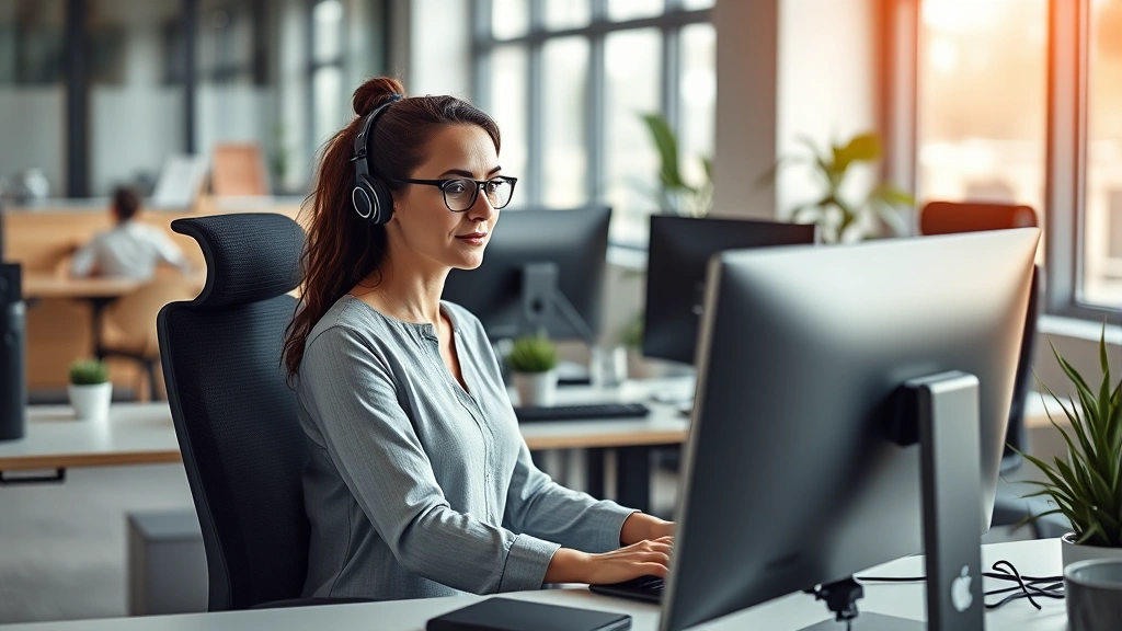 Diverse professional woman at computer in modern office workspace with ergonomic setup
