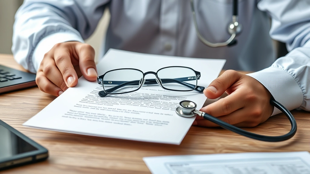 Close-up of hands holding official medical letter with stethoscope and glasses on desk