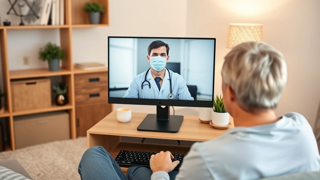 Person at home on video call with doctor on computer screen, professional medical consultation telehealth setup