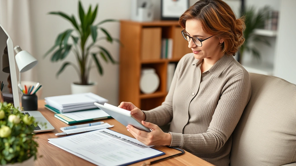 Woman sitting comfortably at home desk reviewing documents on tablet, organized medical files and paperwork