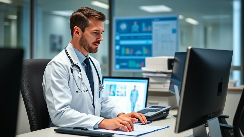 Healthcare professional in office environment reviewing patient medical records on desktop computer, official medical setting
