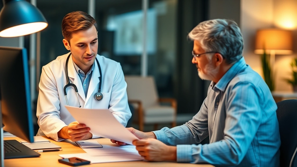 Professional healthcare provider at desk reviewing medical documents with patient, warm office lighting, focused expression,